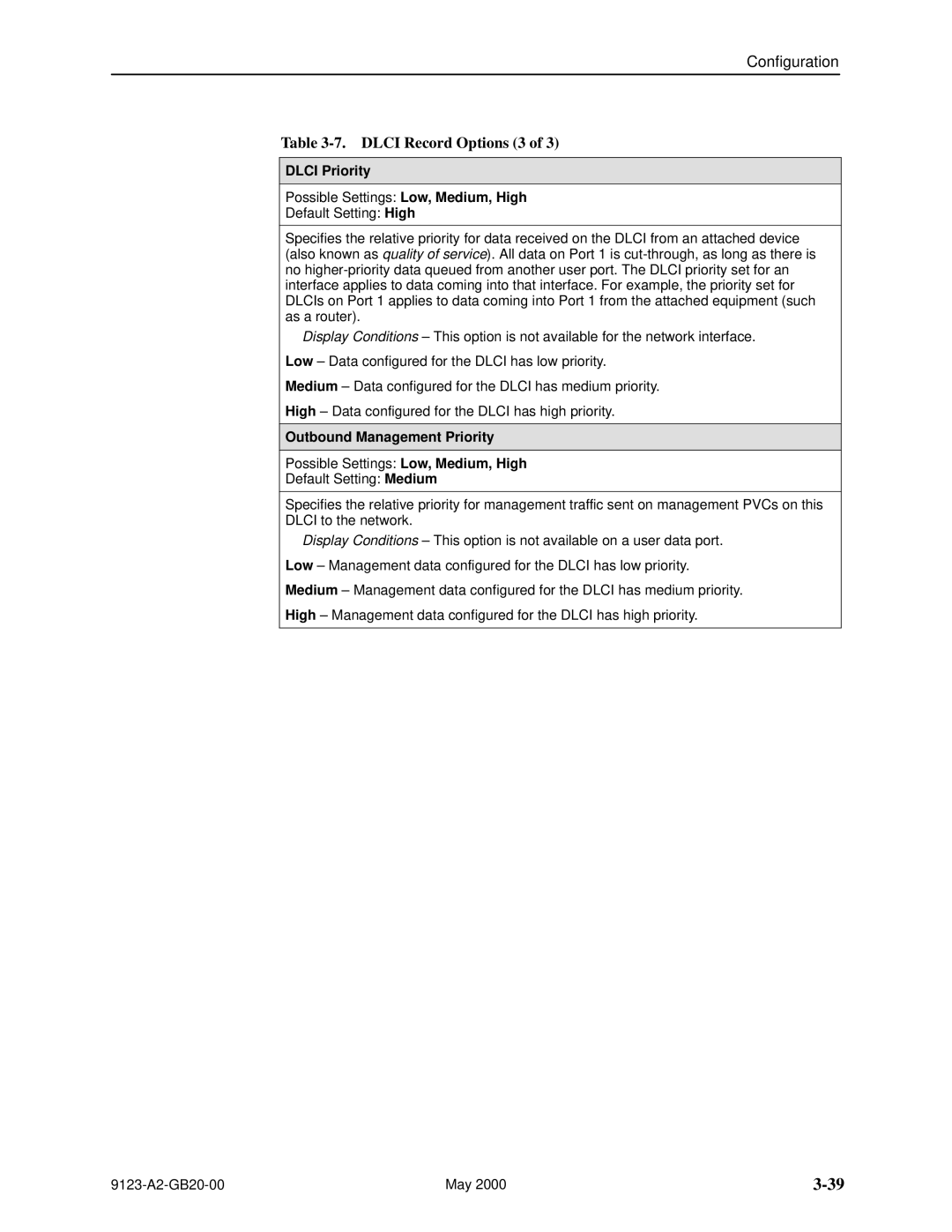 Paradyne 9123 manual Dlci Record Options 3, Dlci Priority, Outbound Management Priority 