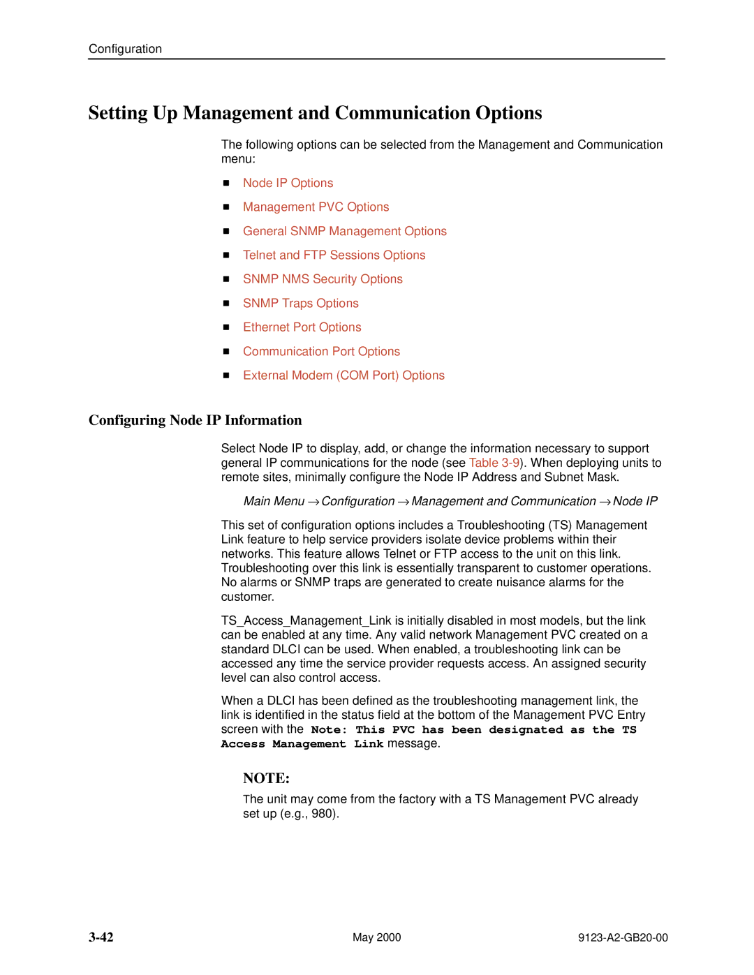 Paradyne 9123 manual Setting Up Management and Communication Options, Configuring Node IP Information 