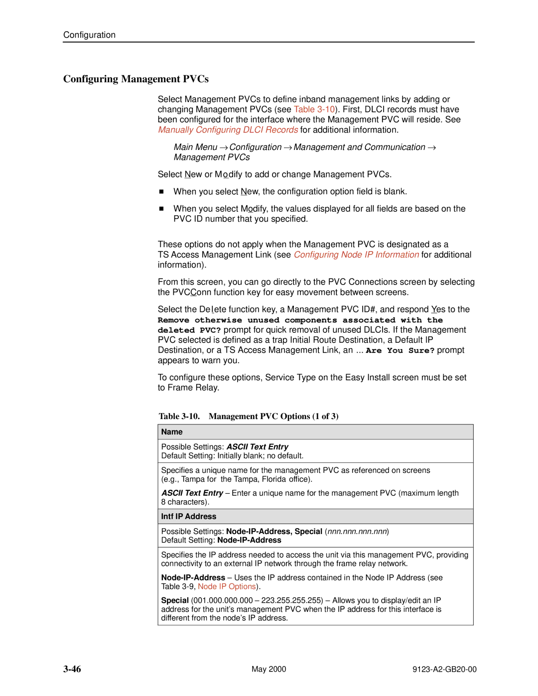 Paradyne 9123 manual Configuring Management PVCs, Management PVC Options 1, Name 