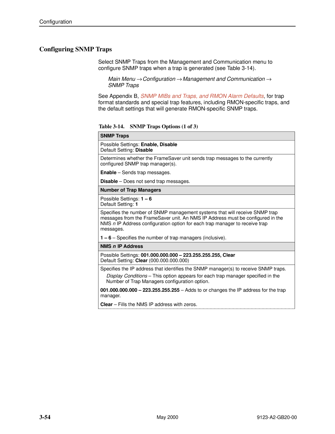 Paradyne 9123 manual Configuring Snmp Traps, Snmp Traps Options 1, Number of Trap Managers 