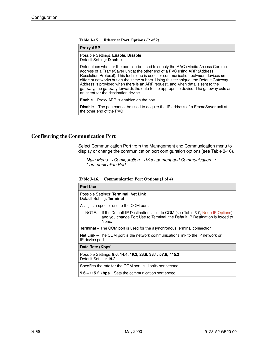 Paradyne 9123 manual Configuring the Communication Port, Ethernet Port Options 2, Communication Port Options 1, Proxy ARP 