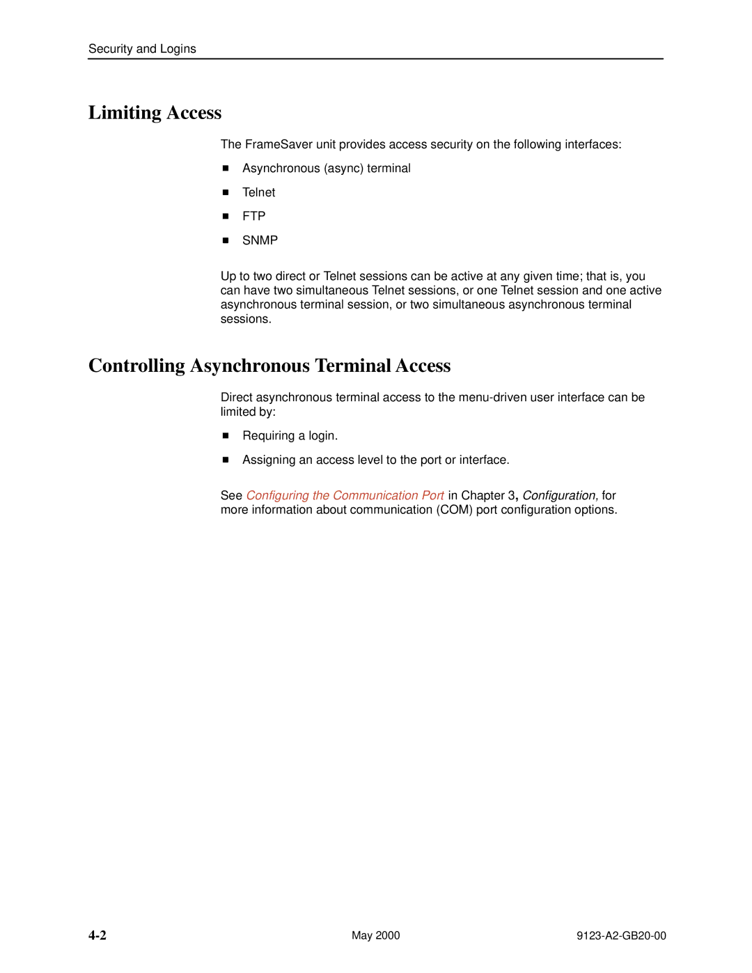 Paradyne 9123 manual Limiting Access, Controlling Asynchronous Terminal Access 