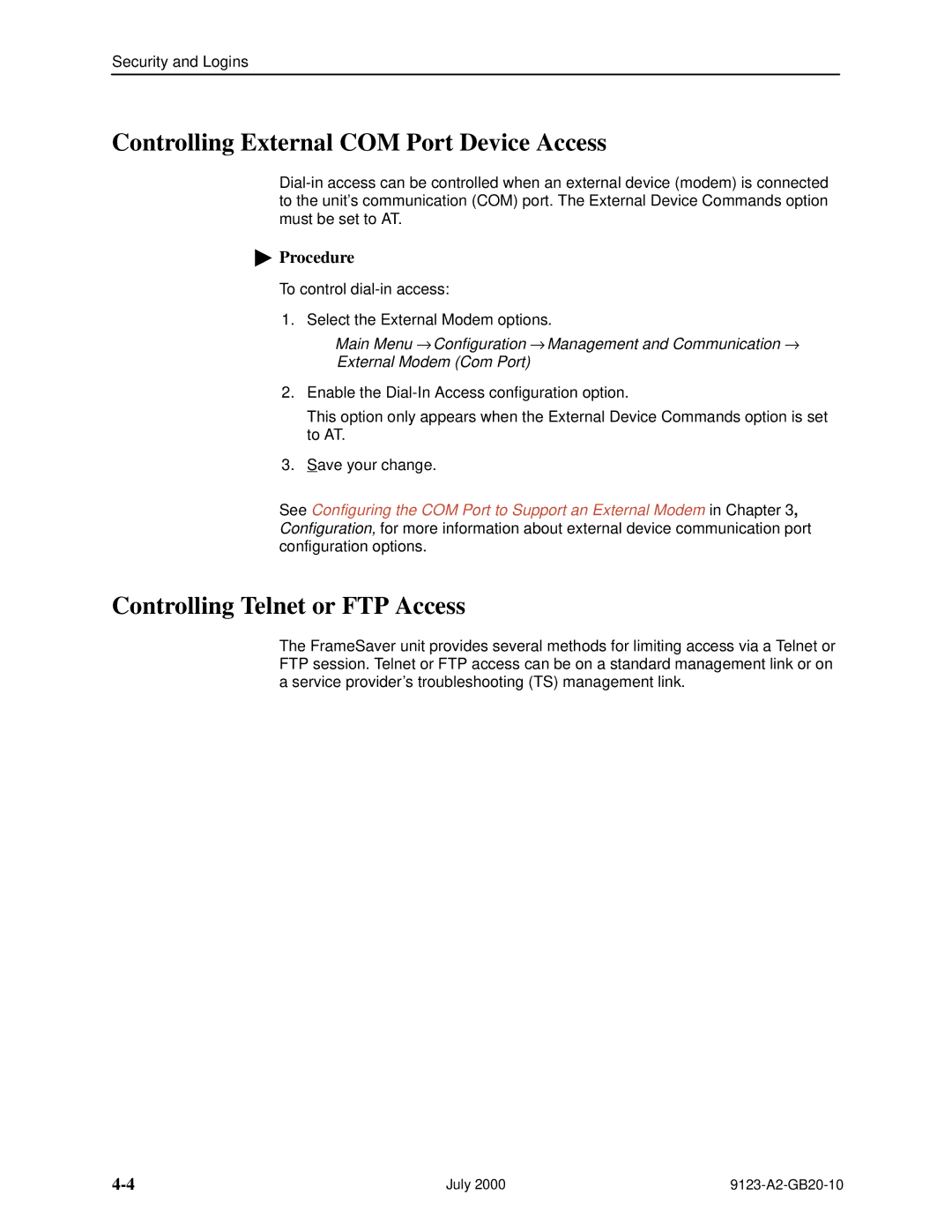 Paradyne 9123 manual Controlling External COM Port Device Access, Controlling Telnet or FTP Access 