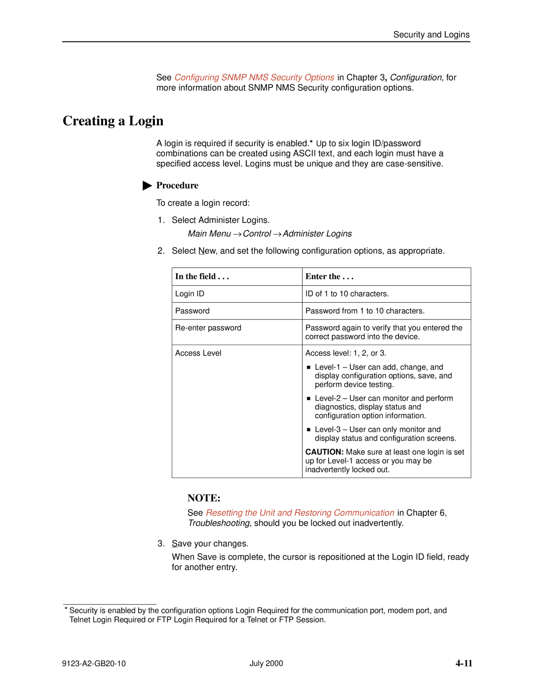 Paradyne 9123 manual Creating a Login, Main Menu → Control → Administer Logins, Field Enter 