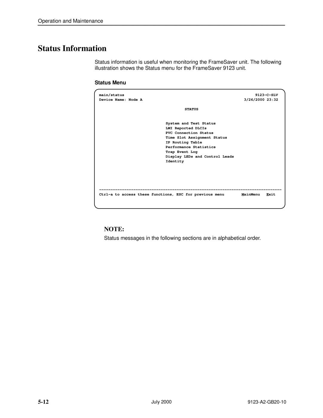 Paradyne 9123 manual Status Information, Status Menu 