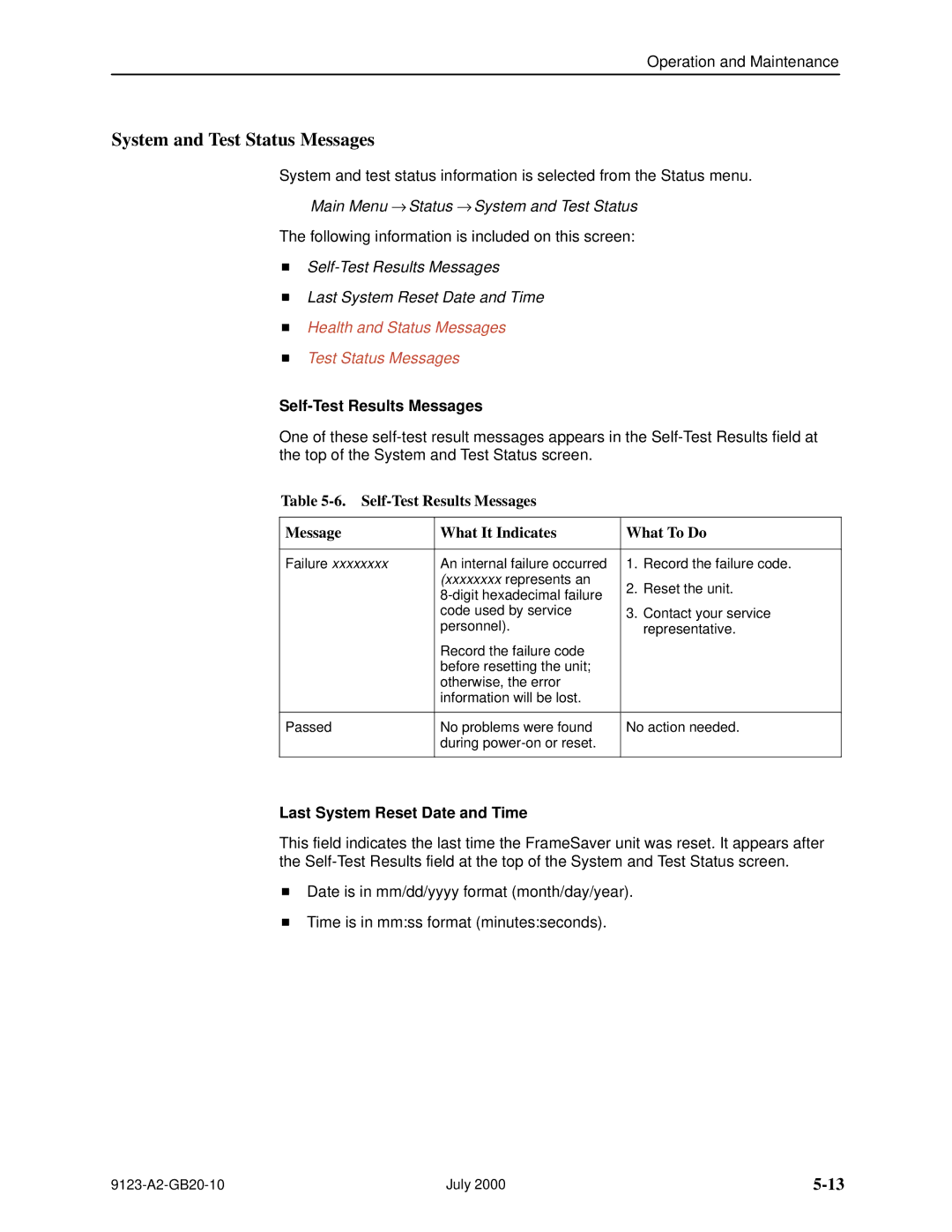 Paradyne 9123 manual System and Test Status Messages, Self-Test Results Messages Last System Reset Date and Time 