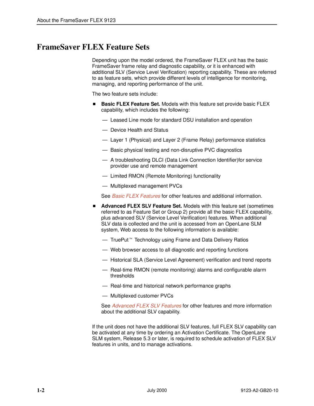 Paradyne 9123 manual FrameSaver Flex Feature Sets 