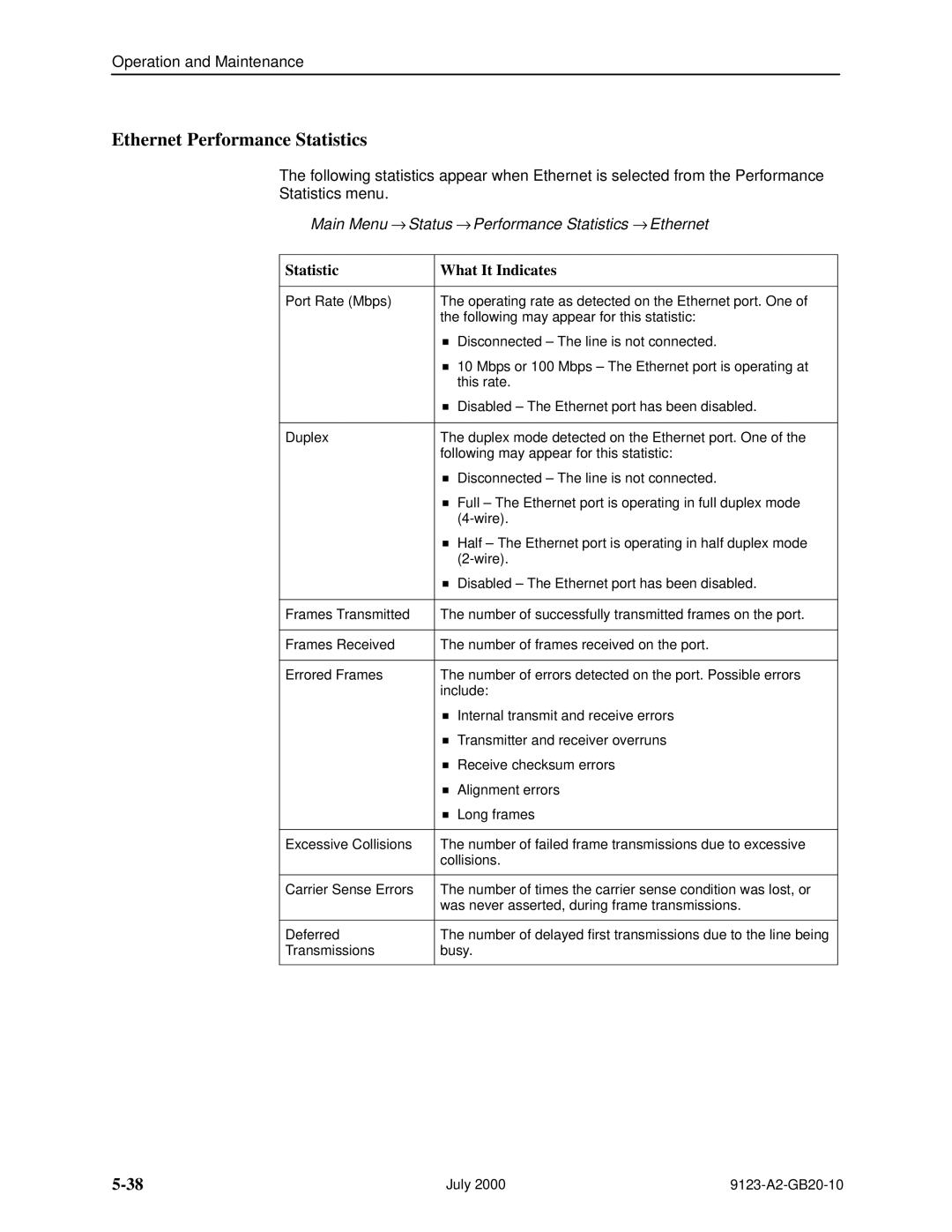 Paradyne 9123 manual Ethernet Performance Statistics, Main Menu → Status → Performance Statistics → Ethernet 