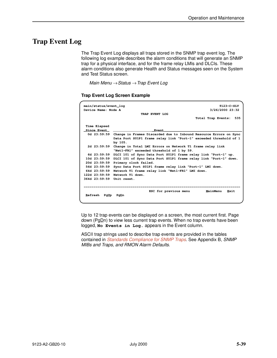 Paradyne 9123 manual Main Menu → Status → Trap Event Log, Trap Event Log Screen Example, Trap Event LOG 