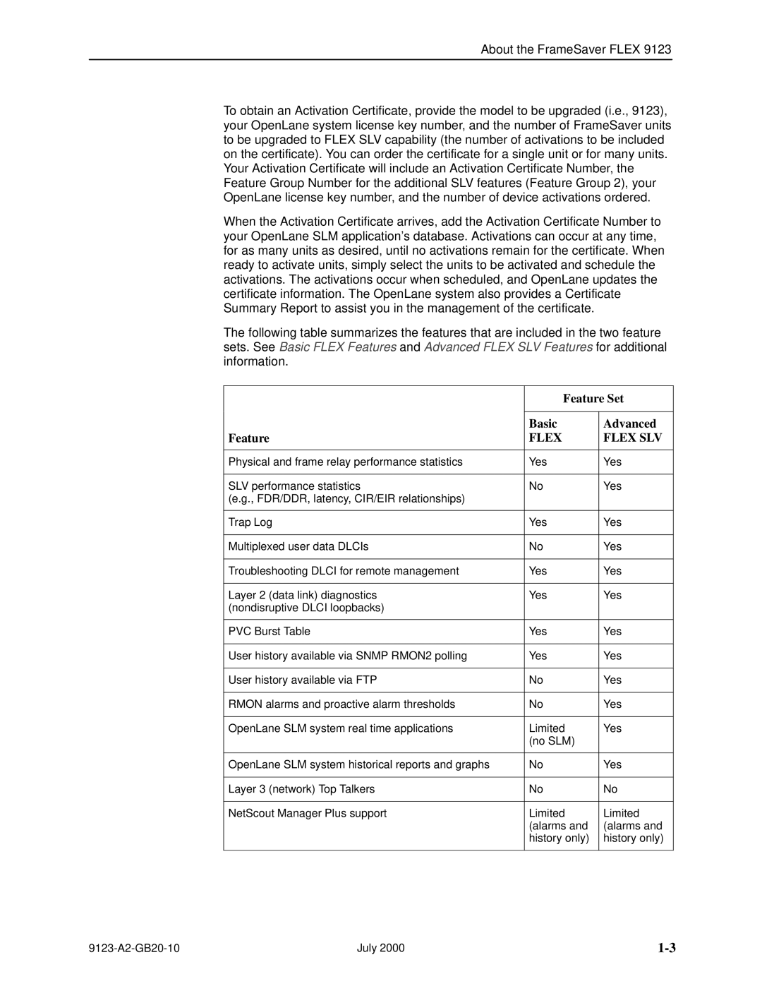 Paradyne 9123 manual Feature Feature Set Basic Advanced, Flex Flex SLV 