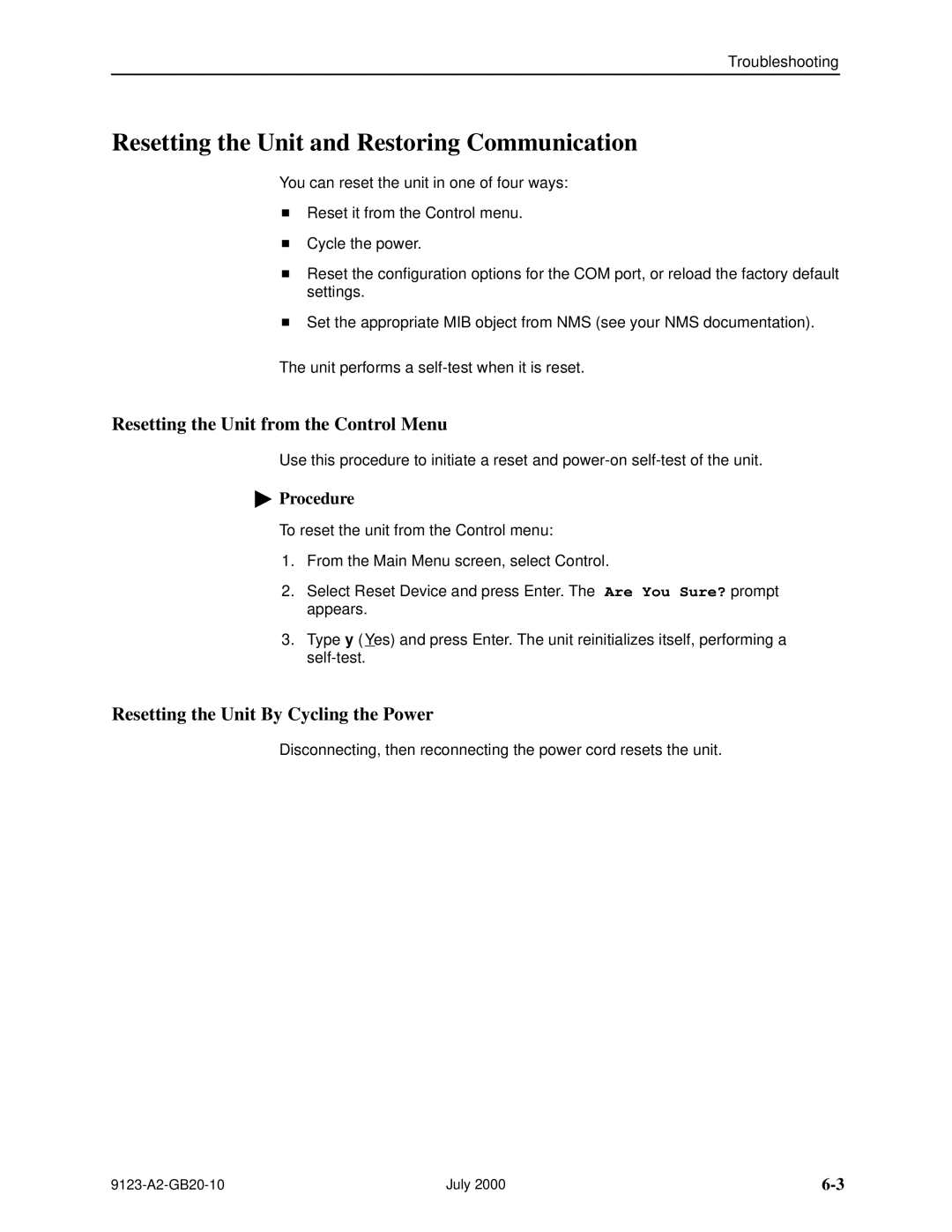 Paradyne 9123 manual Resetting the Unit and Restoring Communication, Resetting the Unit from the Control Menu 