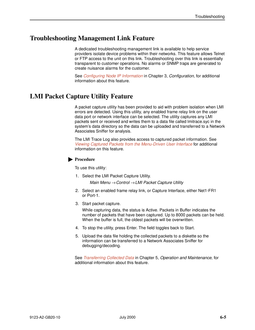 Paradyne 9123 manual Troubleshooting Management Link Feature, LMI Packet Capture Utility Feature 