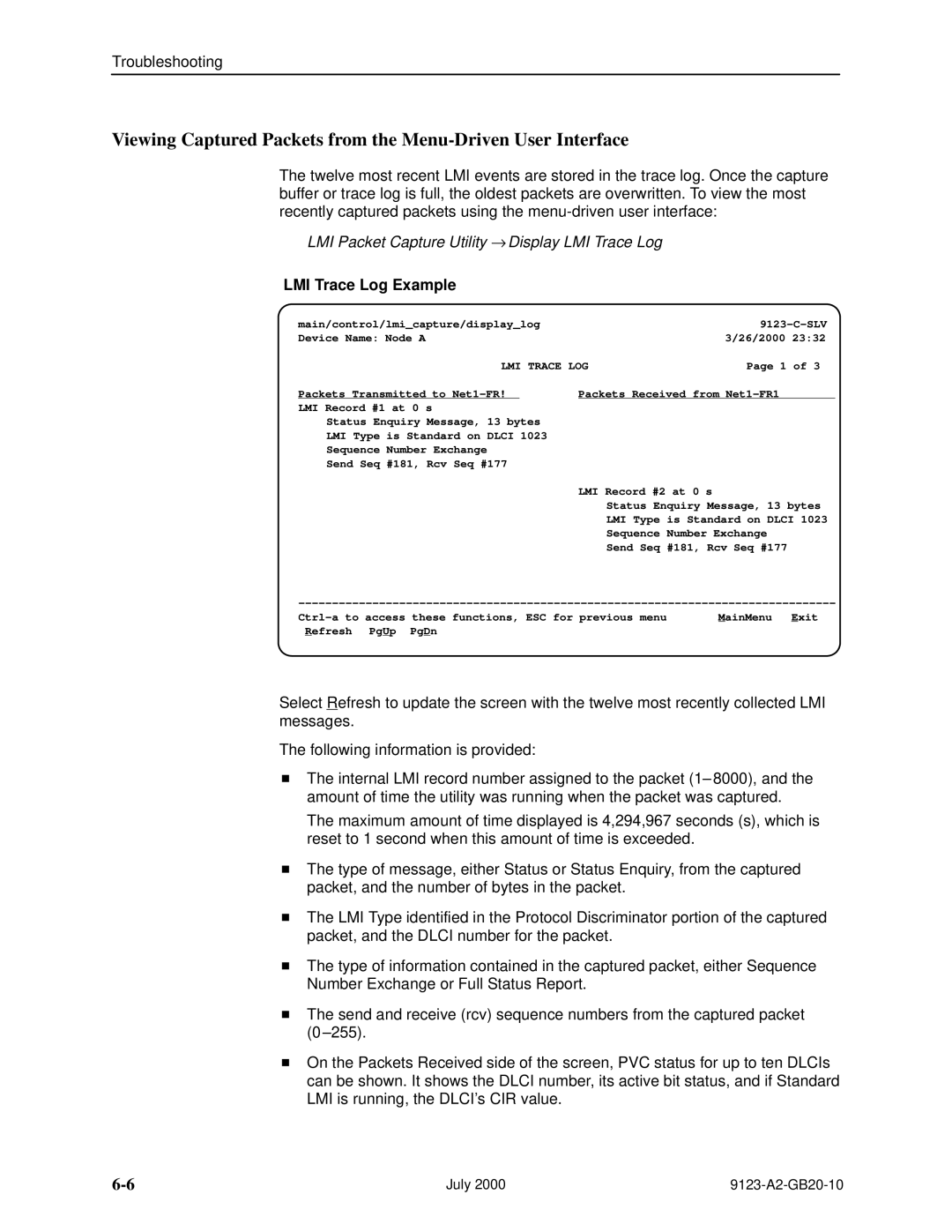 Paradyne 9123 manual LMI Packet Capture Utility → Display LMI Trace Log, LMI Trace Log Example, LMI Trace LOG 