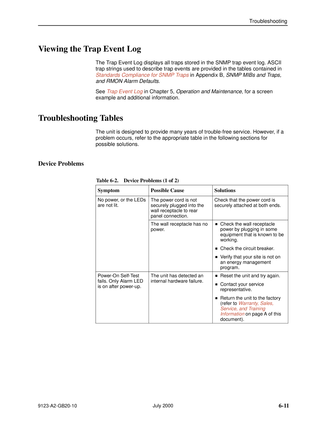 Paradyne 9123 manual Viewing the Trap Event Log, Troubleshooting Tables, Device Problems 