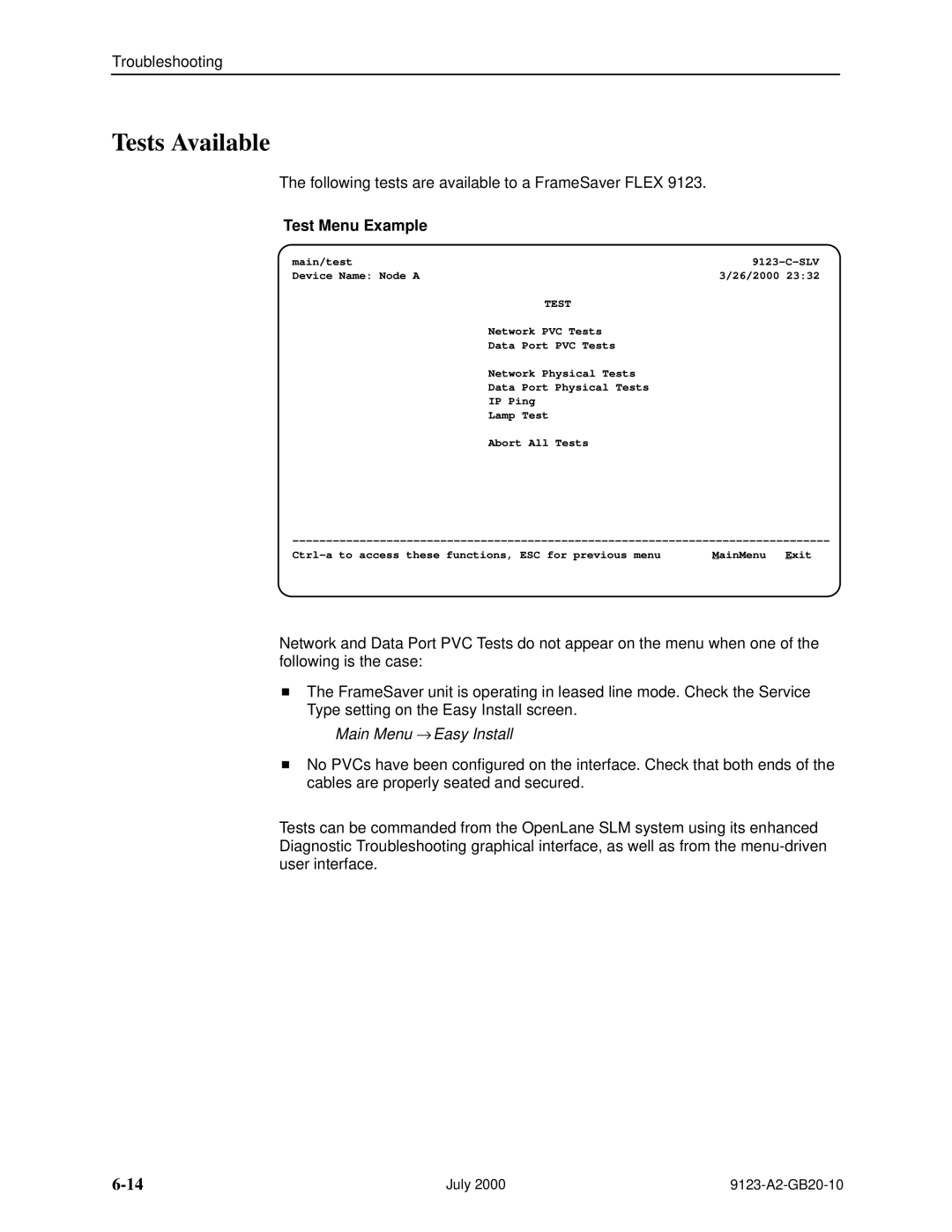 Paradyne 9123 manual Tests Available, Test Menu Example 