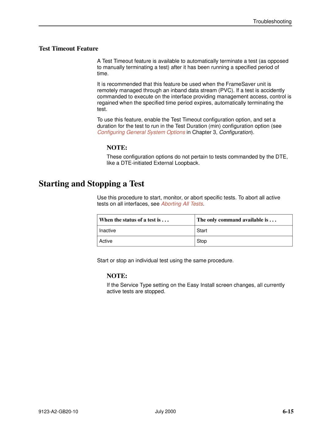 Paradyne 9123 Starting and Stopping a Test, Test Timeout Feature, When the status of a test is Only command available is 