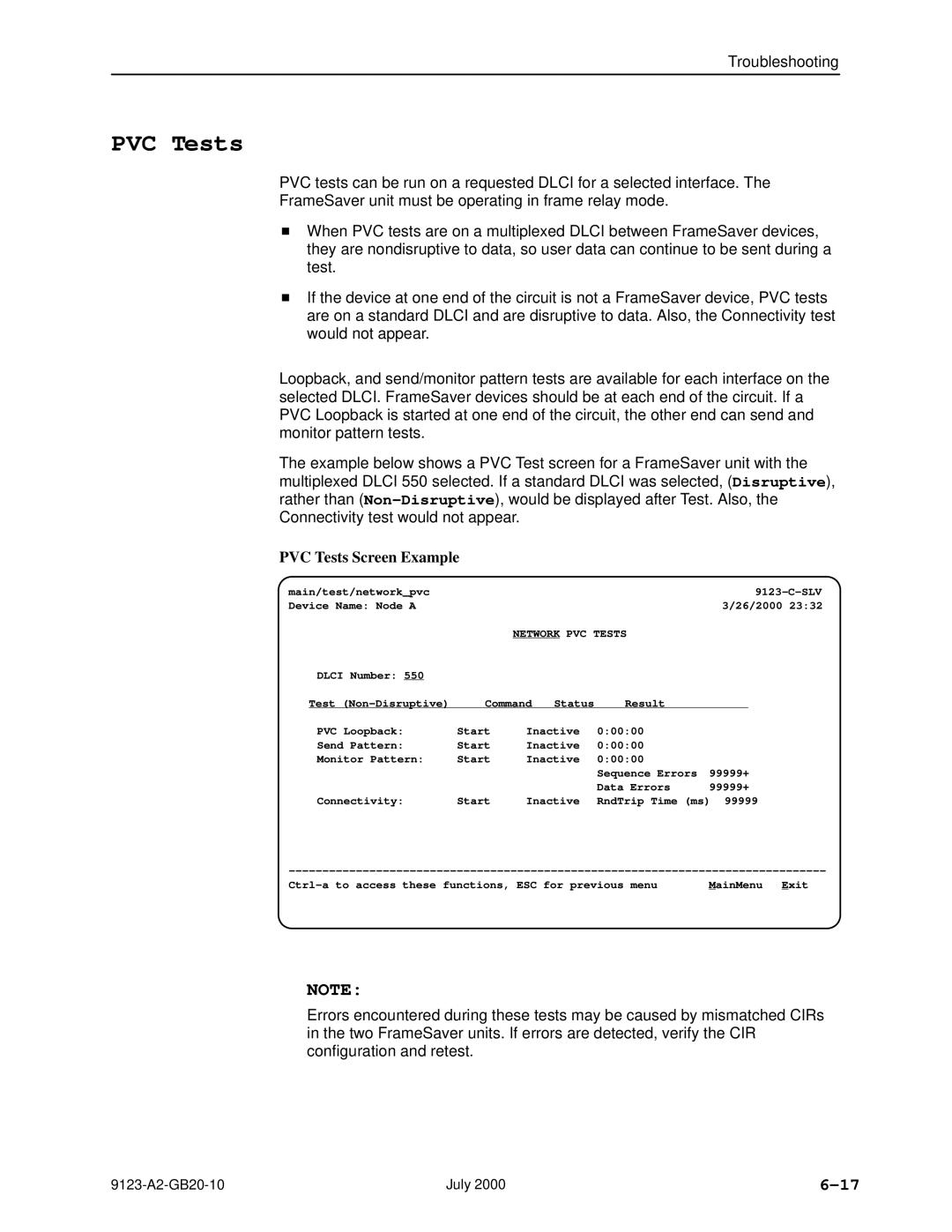 Paradyne 9123 manual PVC Tests Screen Example, Network PVC Tests 