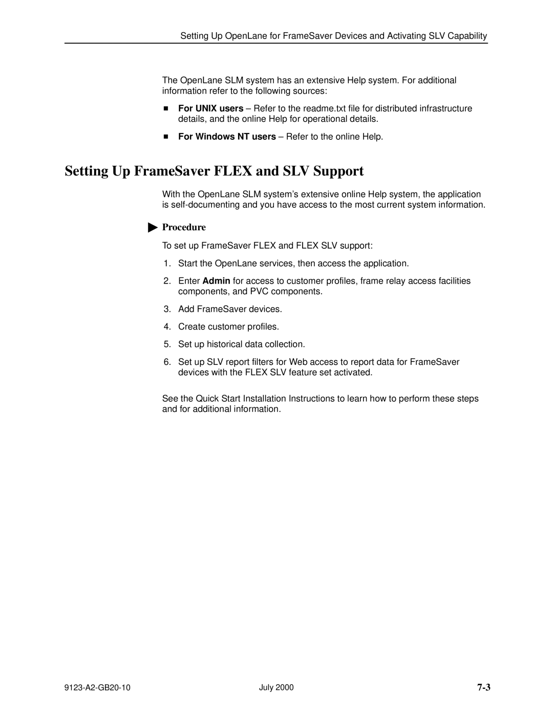 Paradyne 9123 manual Setting Up FrameSaver Flex and SLV Support 