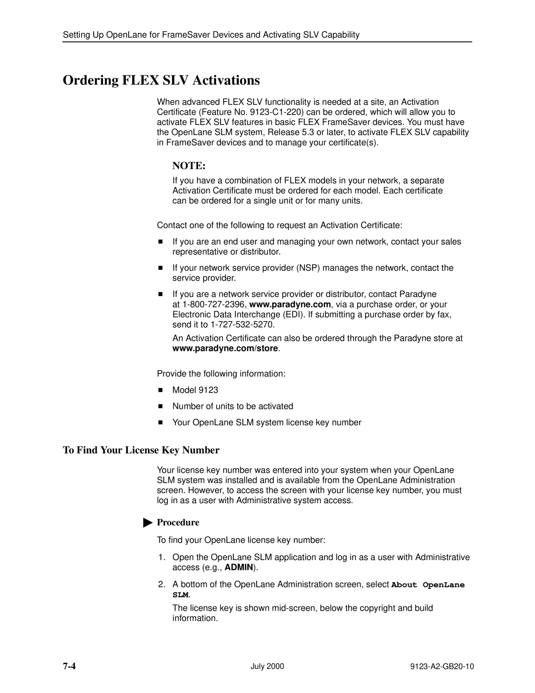 Paradyne 9123 manual Ordering Flex SLV Activations, To Find Your License Key Number 