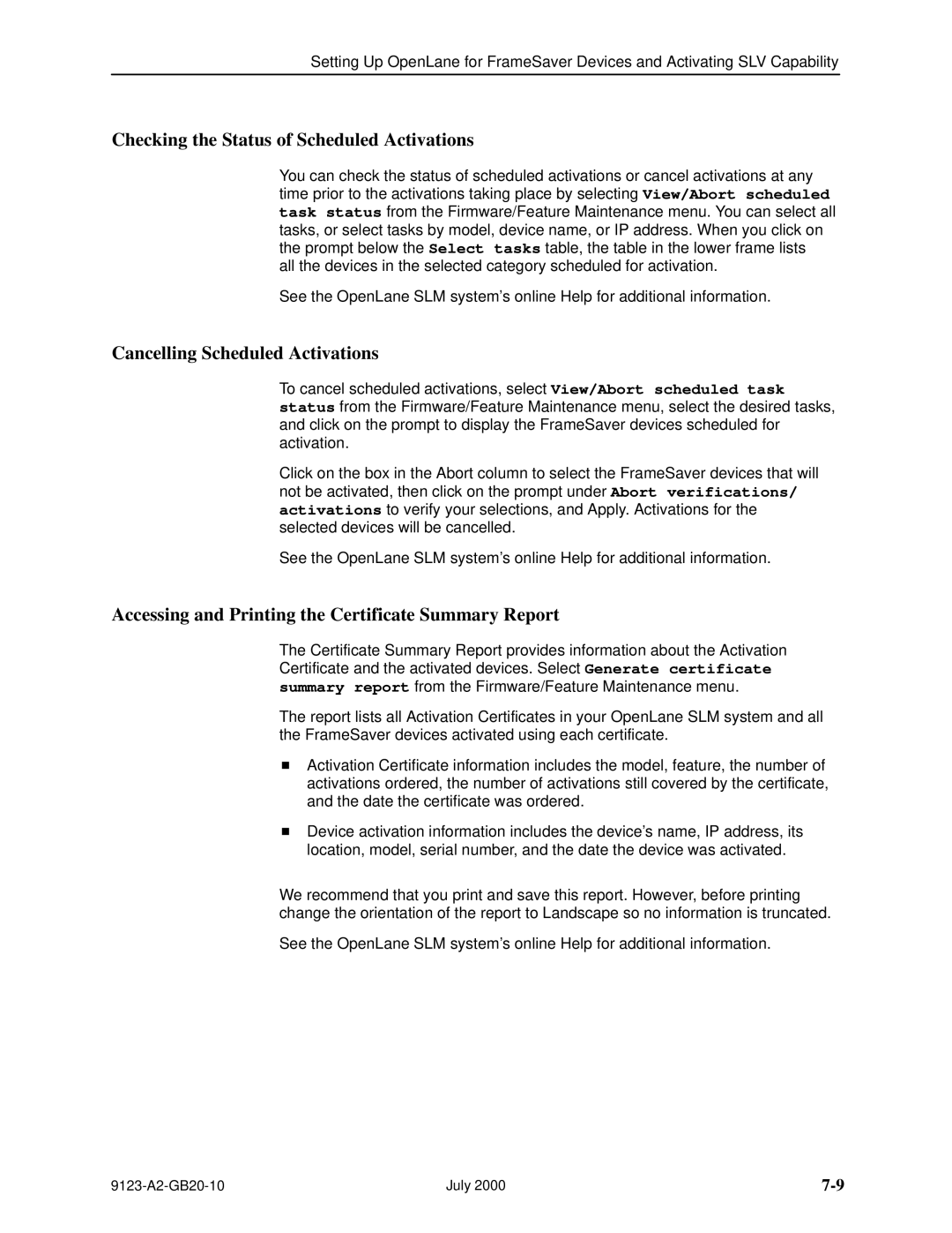 Paradyne 9123 manual Checking the Status of Scheduled Activations, Cancelling Scheduled Activations 