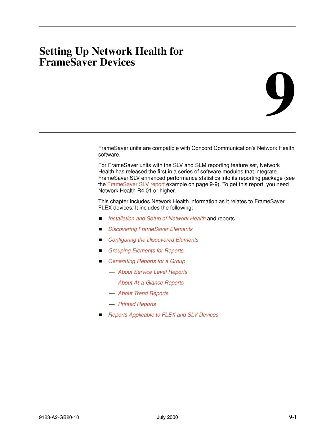 Paradyne 9123 manual Setting Up Network Health for FrameSaver Devices 