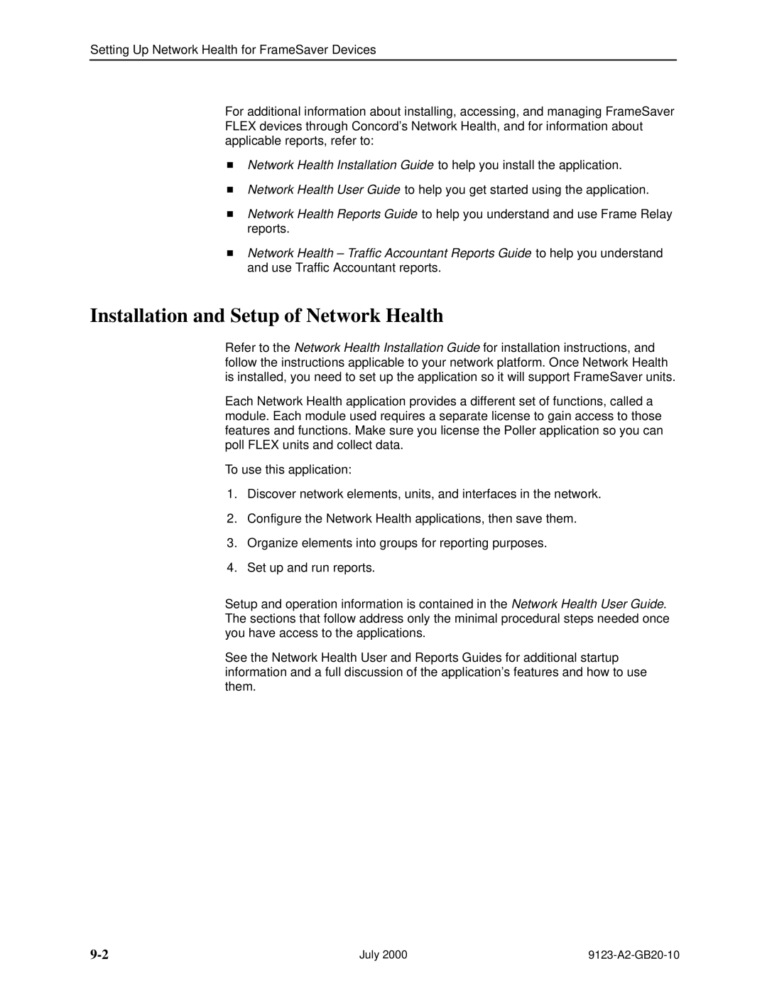 Paradyne 9123 manual Installation and Setup of Network Health 