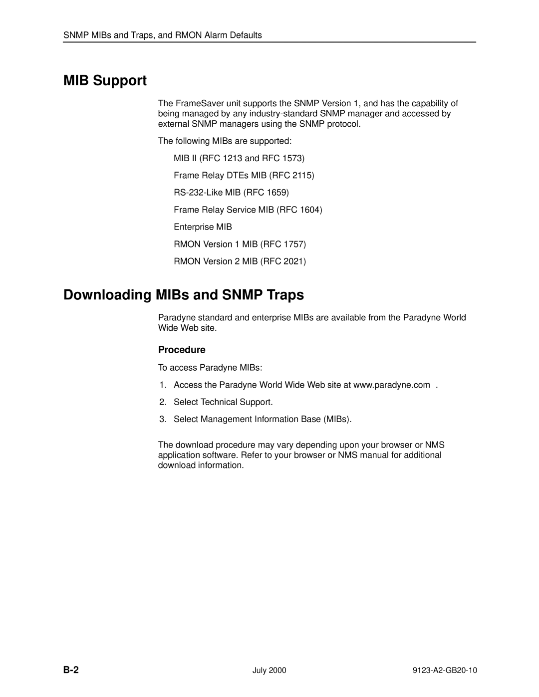 Paradyne 9123 manual MIB Support, Downloading MIBs and Snmp Traps 