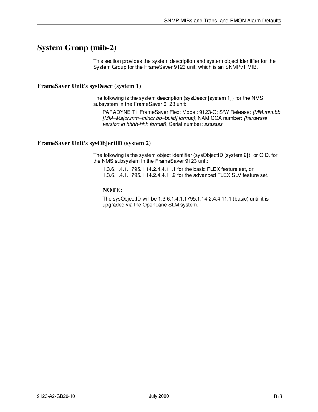 Paradyne 9123 manual System Group mib-2, FrameSaver Units sysDescr system, FrameSaver Units sysObjectID system 