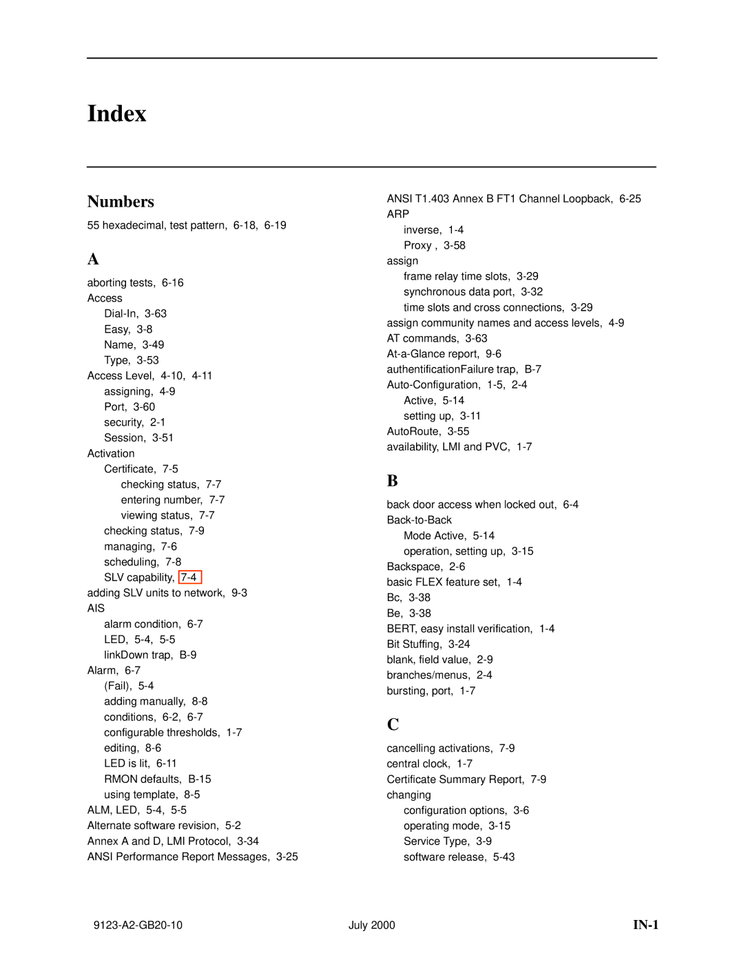 Paradyne 9123 manual Index, Numbers 