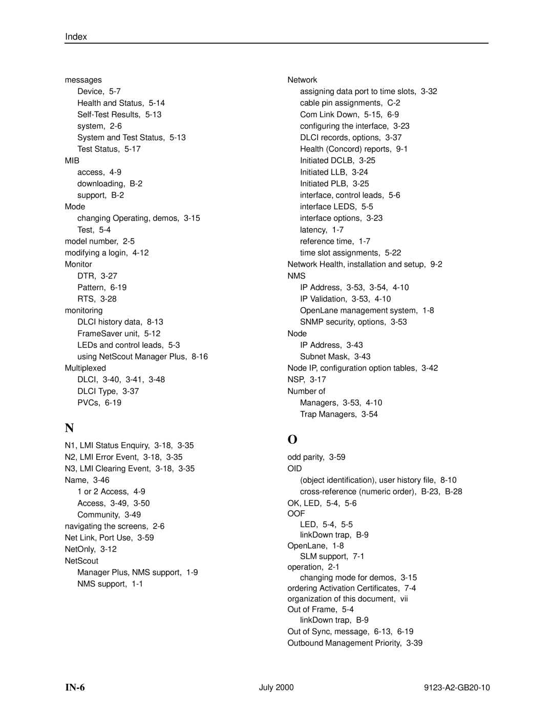 Paradyne 9123 manual IN-6 