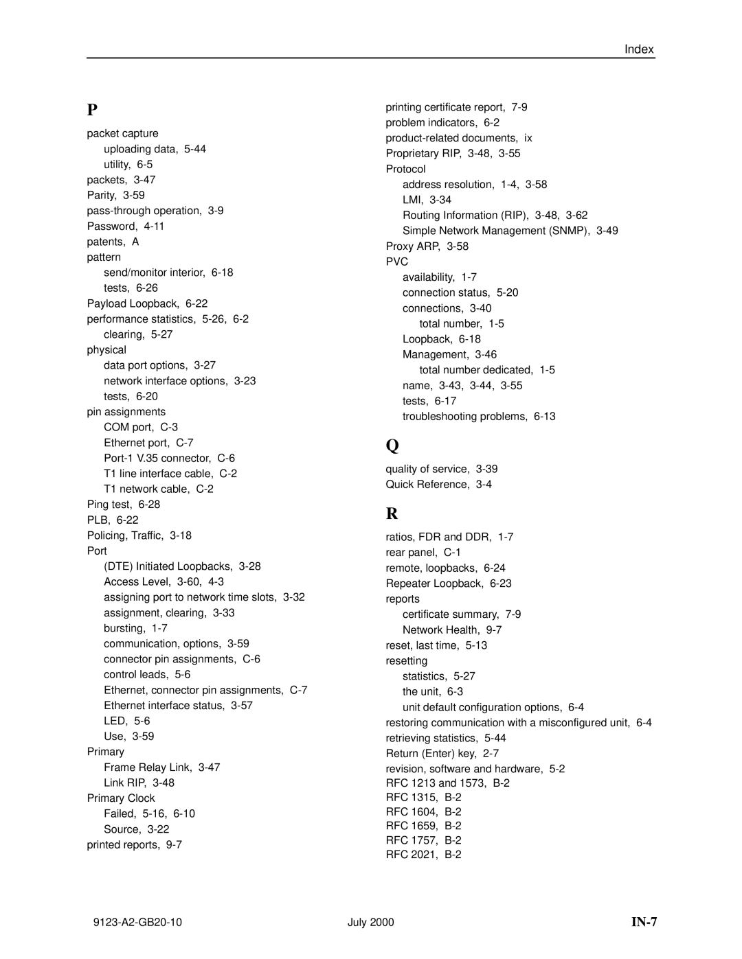 Paradyne 9123 manual IN-7 