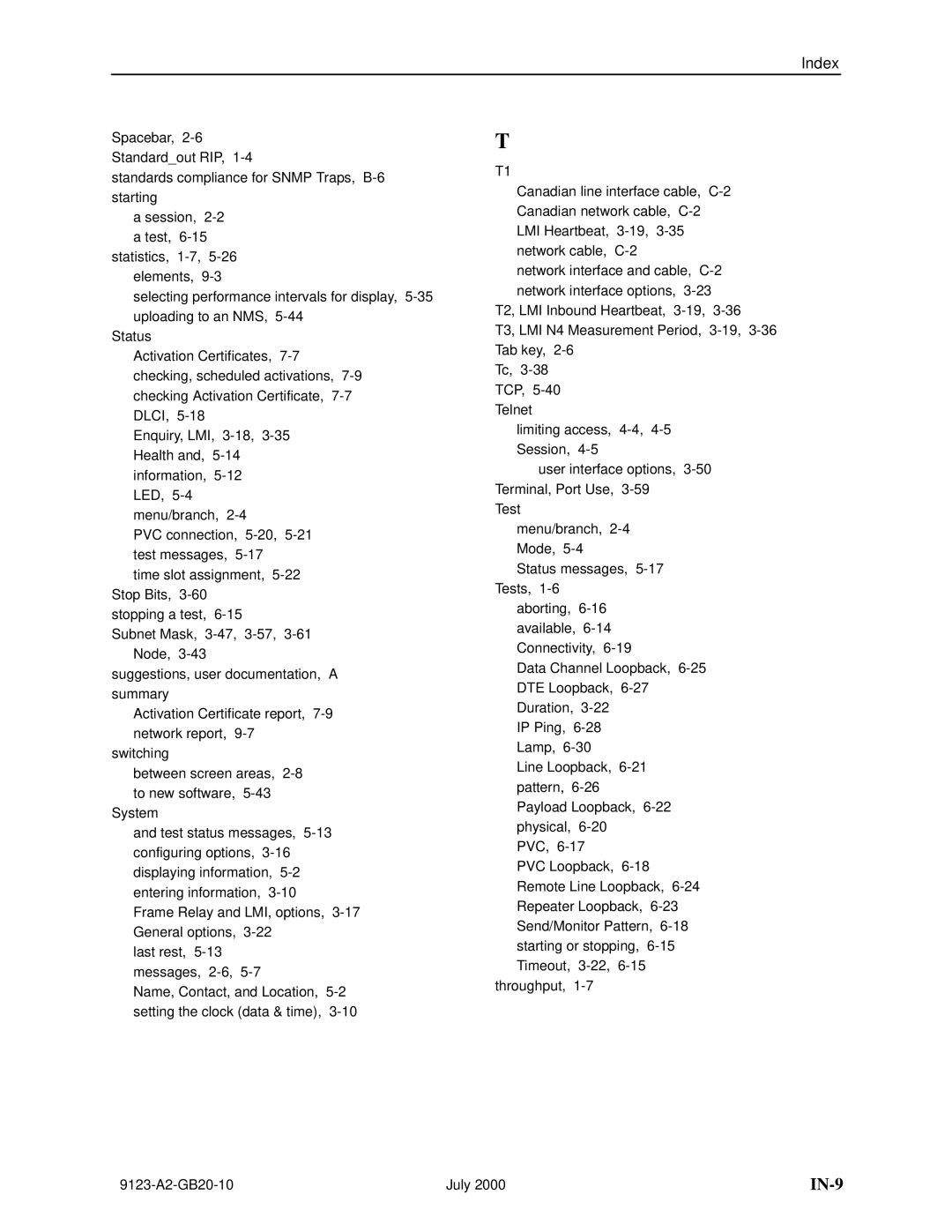 Paradyne 9123 manual IN-9 