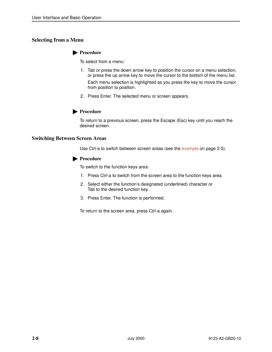 Paradyne 9123 manual Selecting from a Menu, Switching Between Screen Areas 