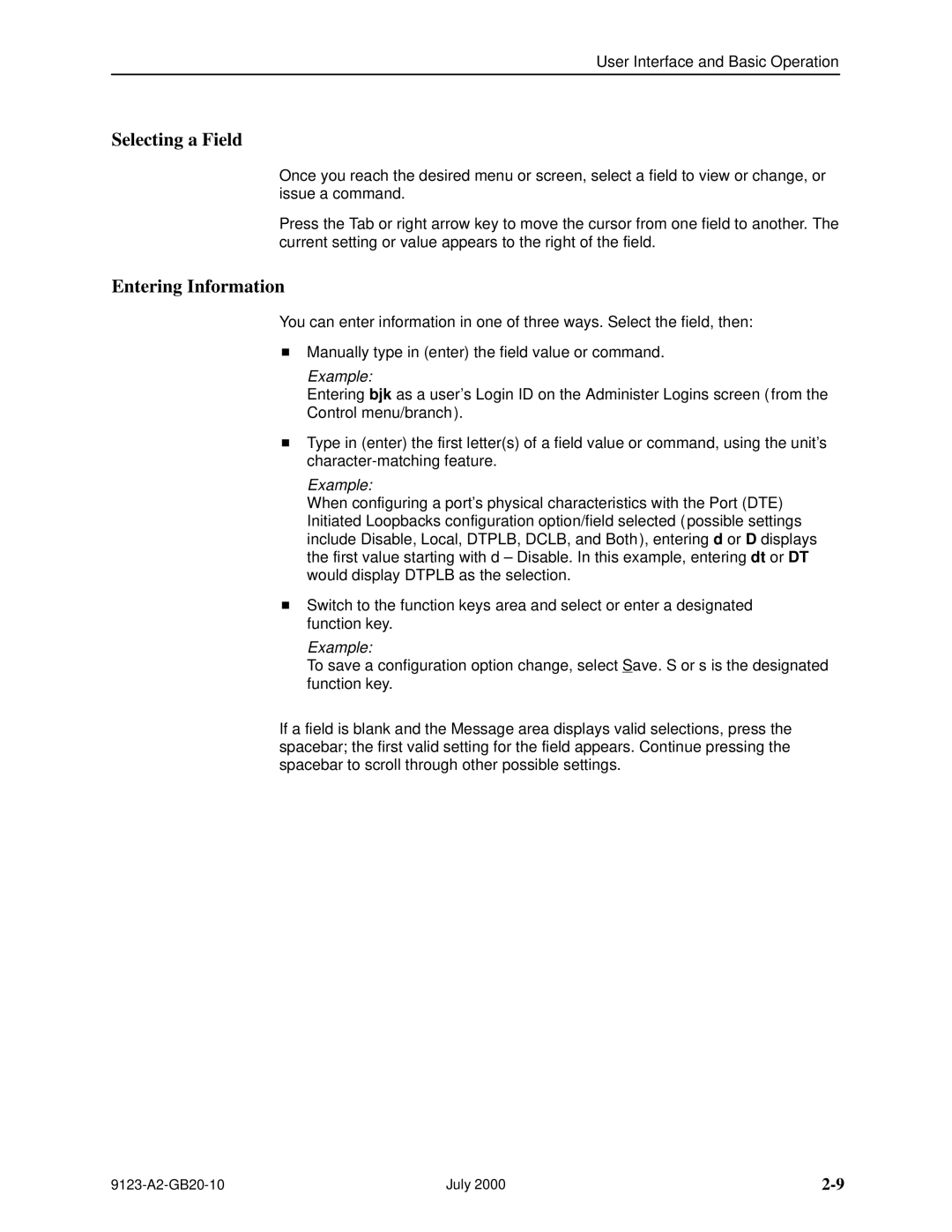 Paradyne 9123 manual Selecting a Field, Entering Information, Example 