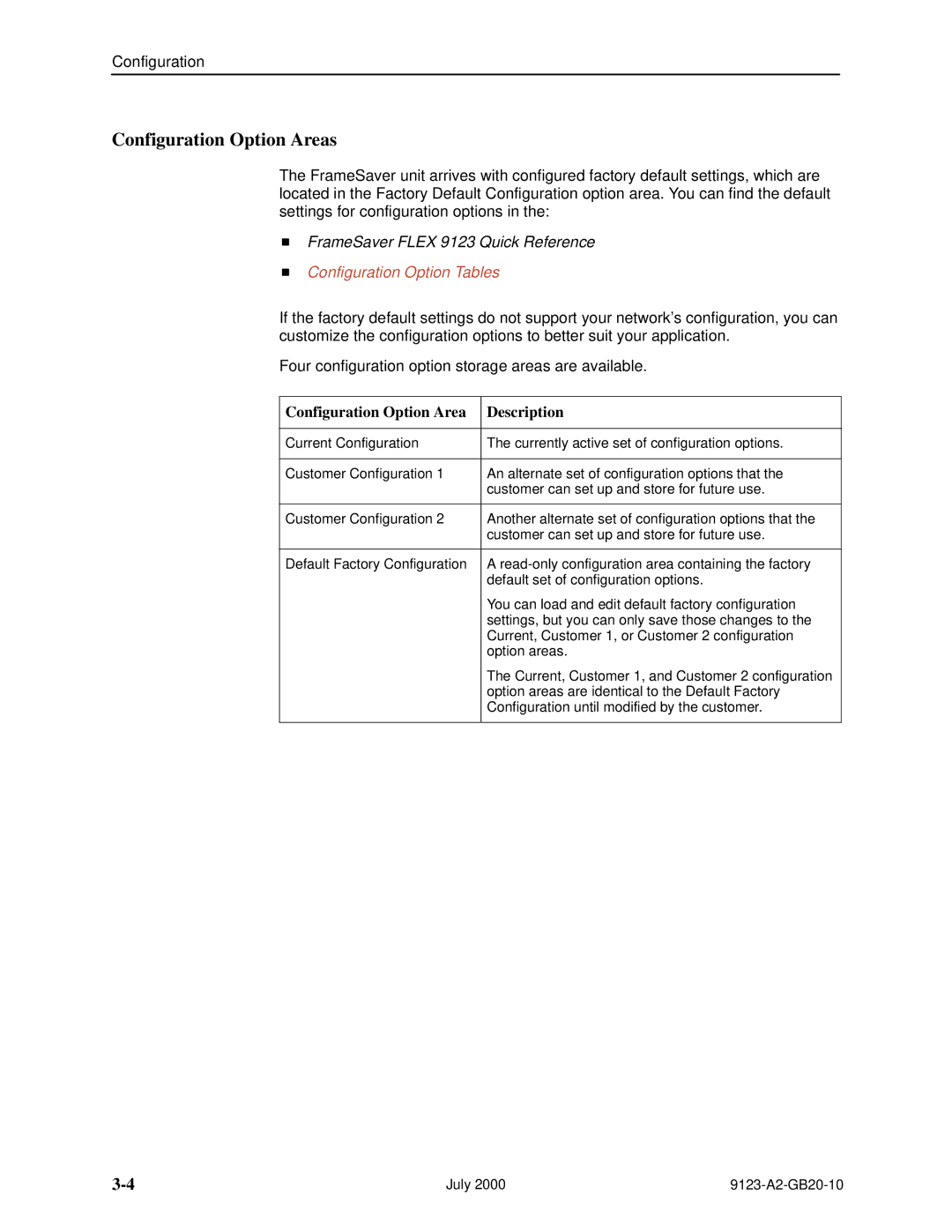 Paradyne 9123 manual Configuration Option Areas, Configuration Option Area Description 