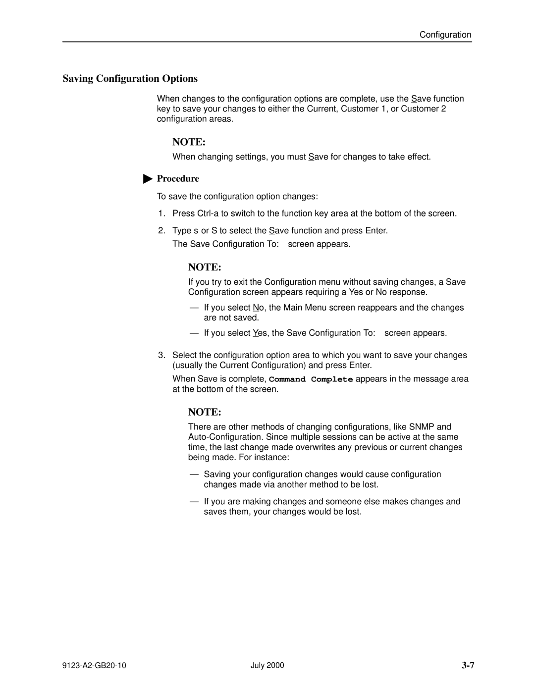 Paradyne 9123 manual Saving Configuration Options 