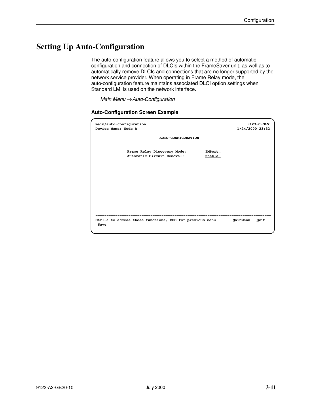 Paradyne 9123 manual Setting Up Auto-Configuration, Main Menu → Auto-Configuration, Auto-Configuration Screen Example 