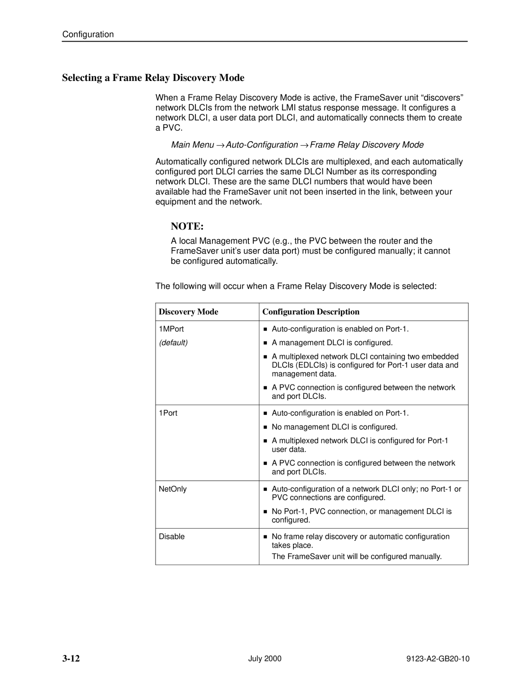 Paradyne 9123 manual Selecting a Frame Relay Discovery Mode, Main Menu → Auto-Configuration → Frame Relay Discovery Mode 