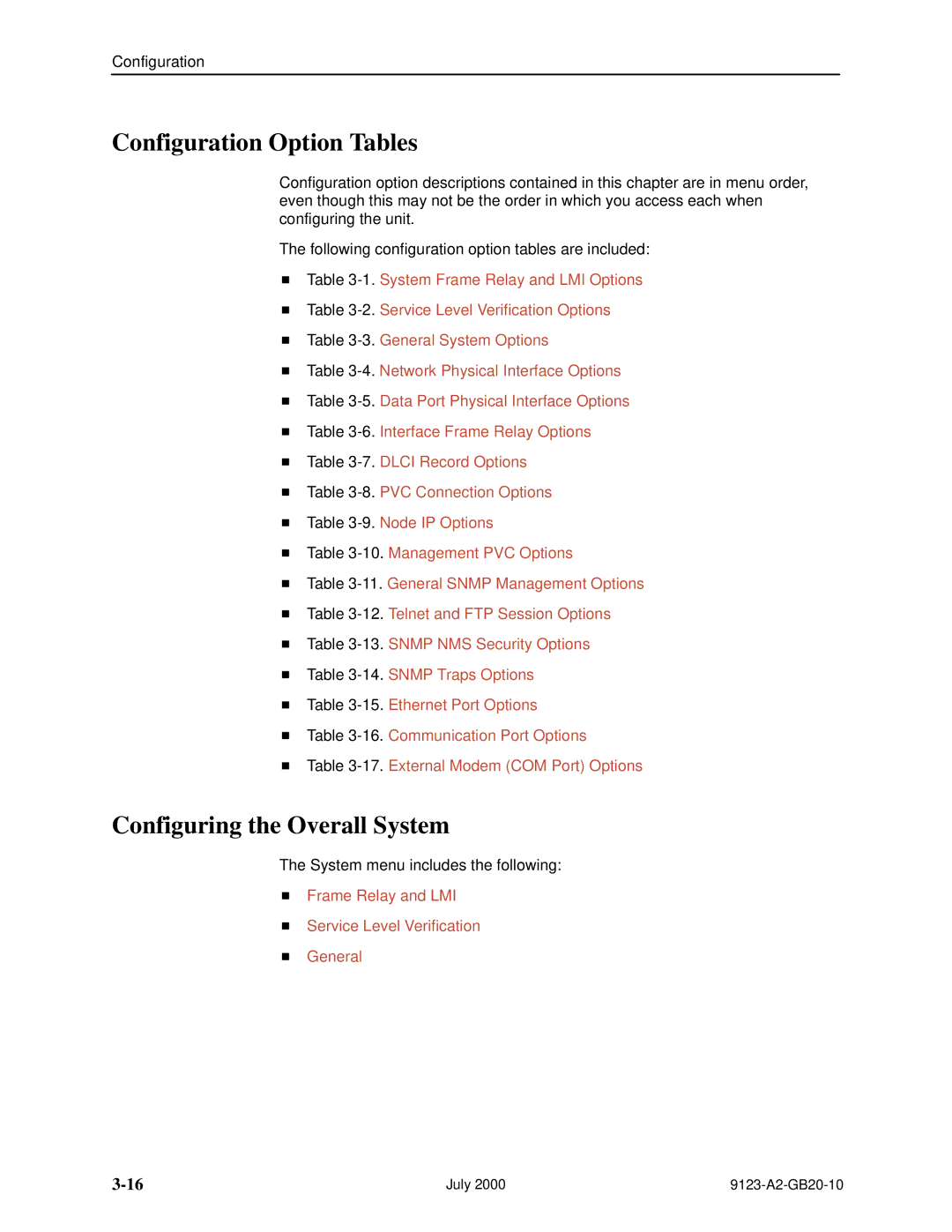 Paradyne 9123 manual Configuration Option Tables, Configuring the Overall System 