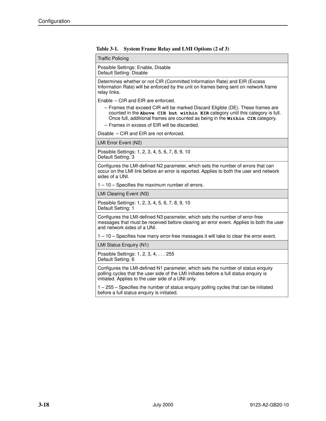 Paradyne 9123 System Frame Relay and LMI Options 2, Traffic Policing, LMI Status Enquiry N1 Possible Settings 1, 2, 3, 4 