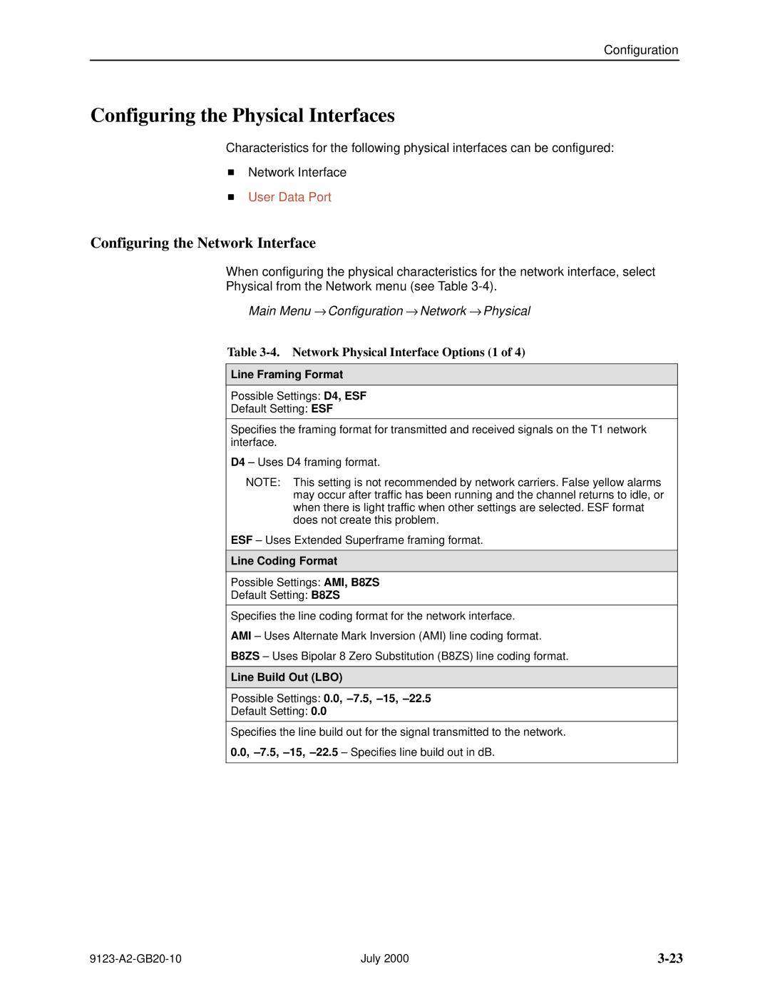 Paradyne 9123 Configuring the Physical Interfaces, Configuring the Network Interface, Network Physical Interface Options 1 