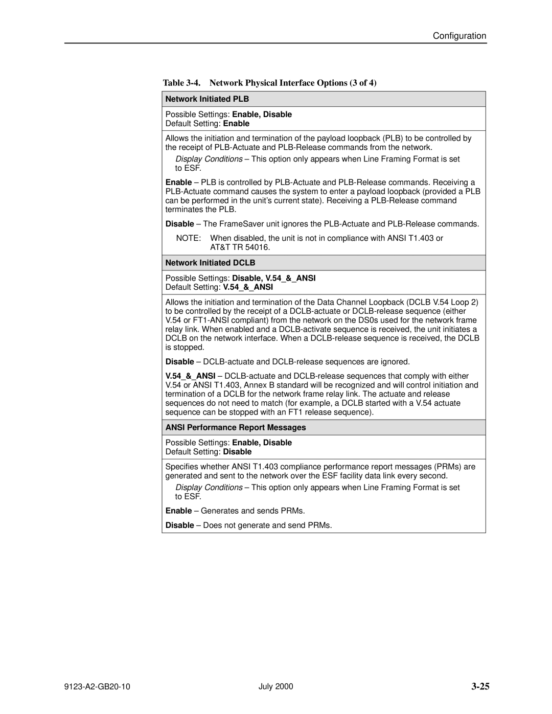 Paradyne 9123 manual Network Physical Interface Options 3, Network Initiated PLB, Ansi Performance Report Messages 