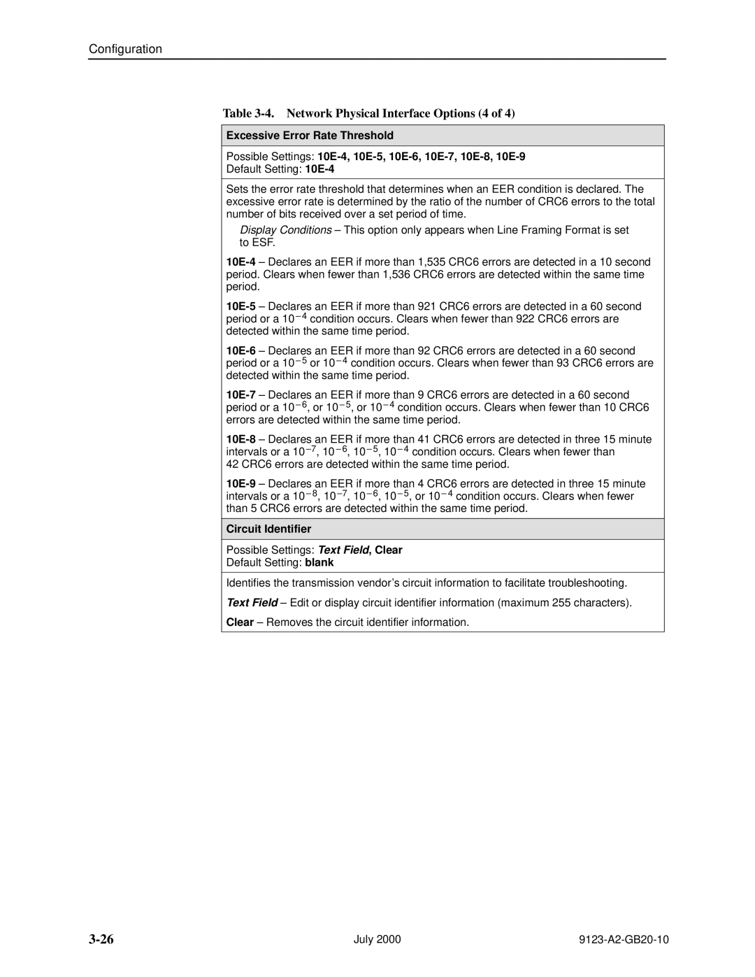 Paradyne 9123 manual Network Physical Interface Options 4, Circuit Identifier 