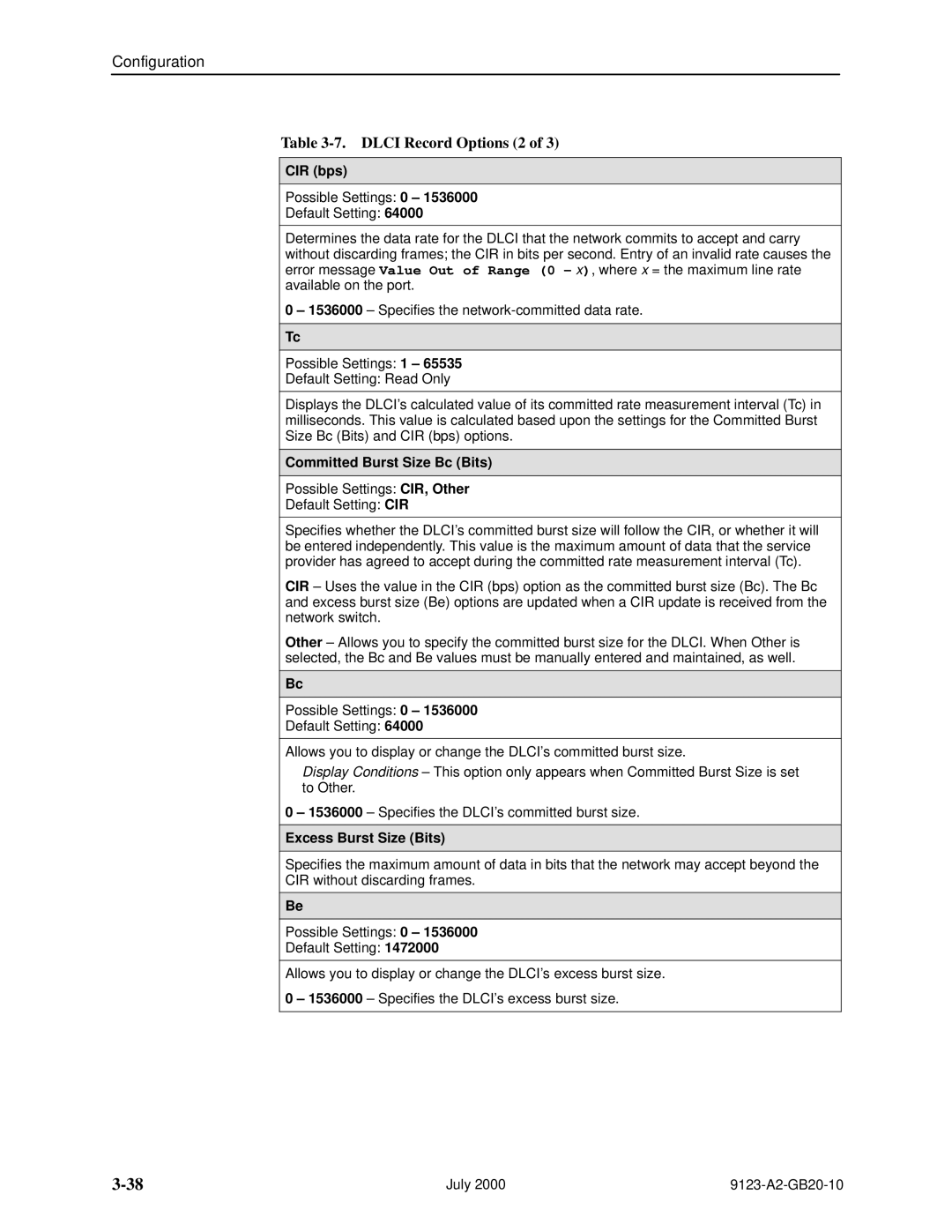 Paradyne 9123 manual Dlci Record Options 2, CIR bps, Committed Burst Size Bc Bits, Excess Burst Size Bits 