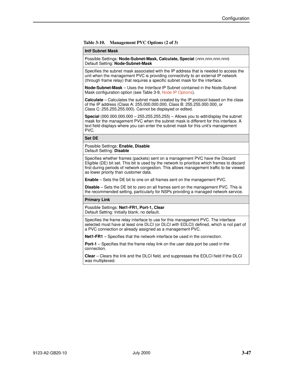 Paradyne 9123 manual Management PVC Options 2, Set DE, Primary Link Possible Settings Net1-FR1, Port-1, Clear 