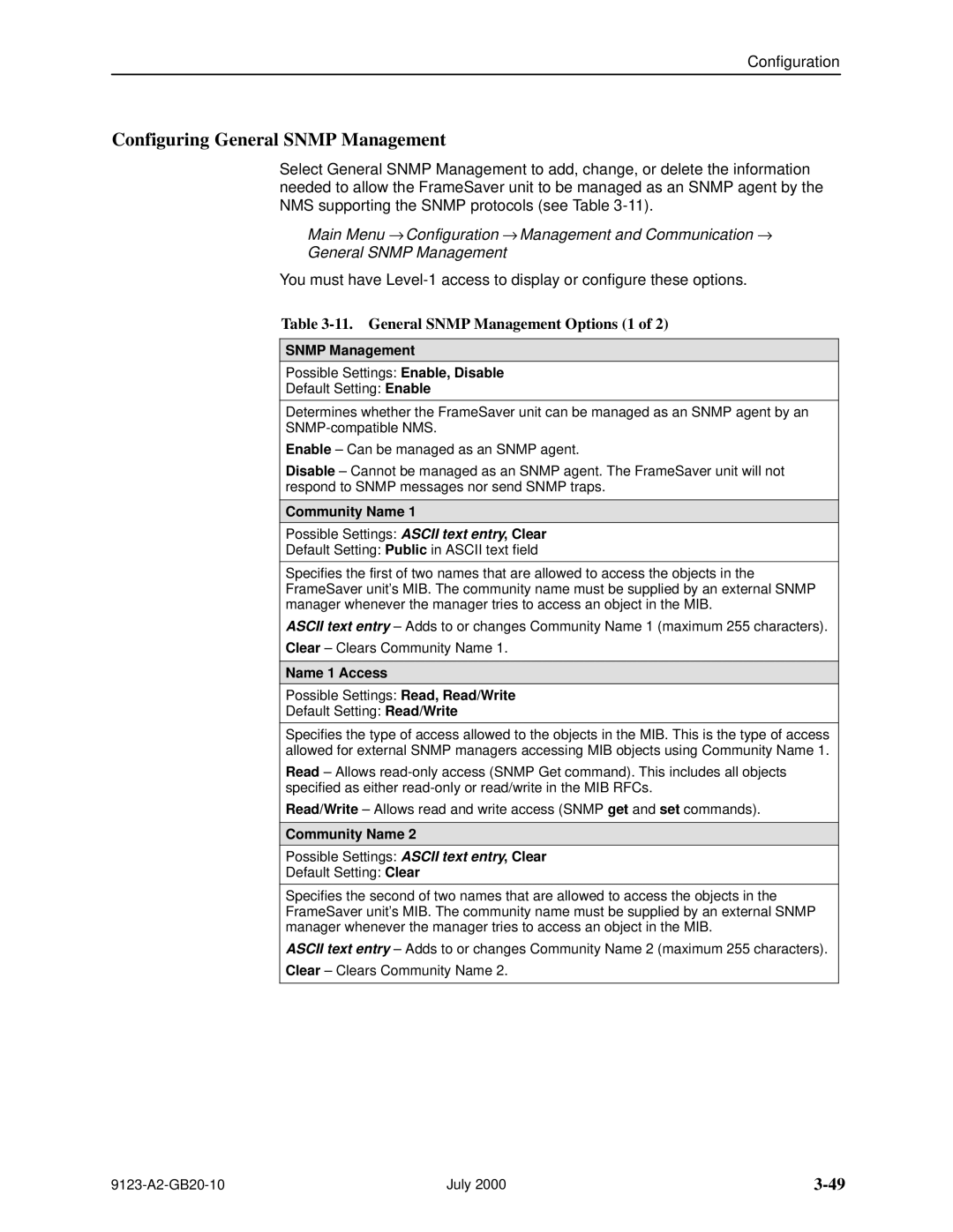 Paradyne 9123 manual Configuring General Snmp Management, General Snmp Management Options 1, Community Name, Name 1 Access 