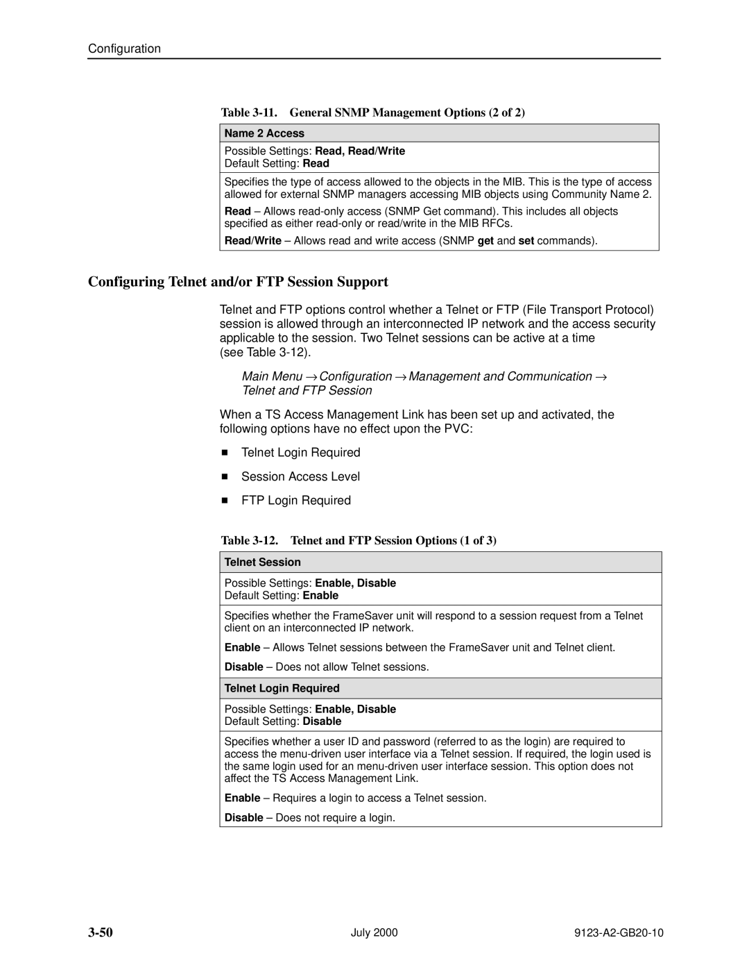 Paradyne 9123 manual Configuring Telnet and/or FTP Session Support, General Snmp Management Options 2 