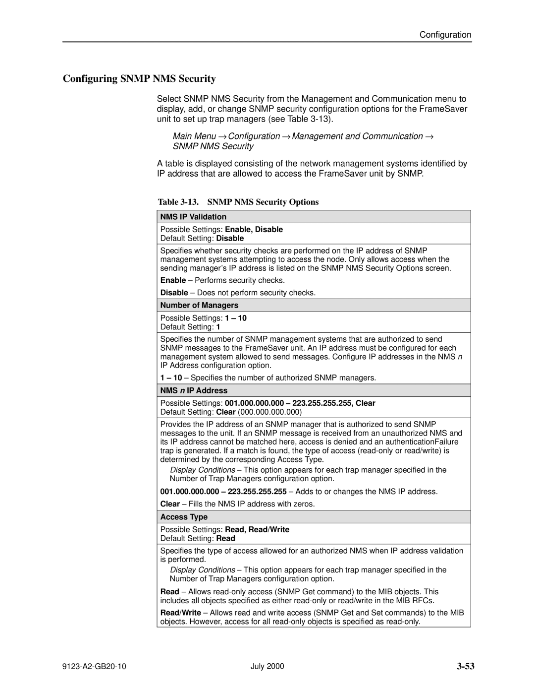 Paradyne 9123 Configuring Snmp NMS Security, Snmp NMS Security Options, NMS IP Validation, Number of Managers, Access Type 