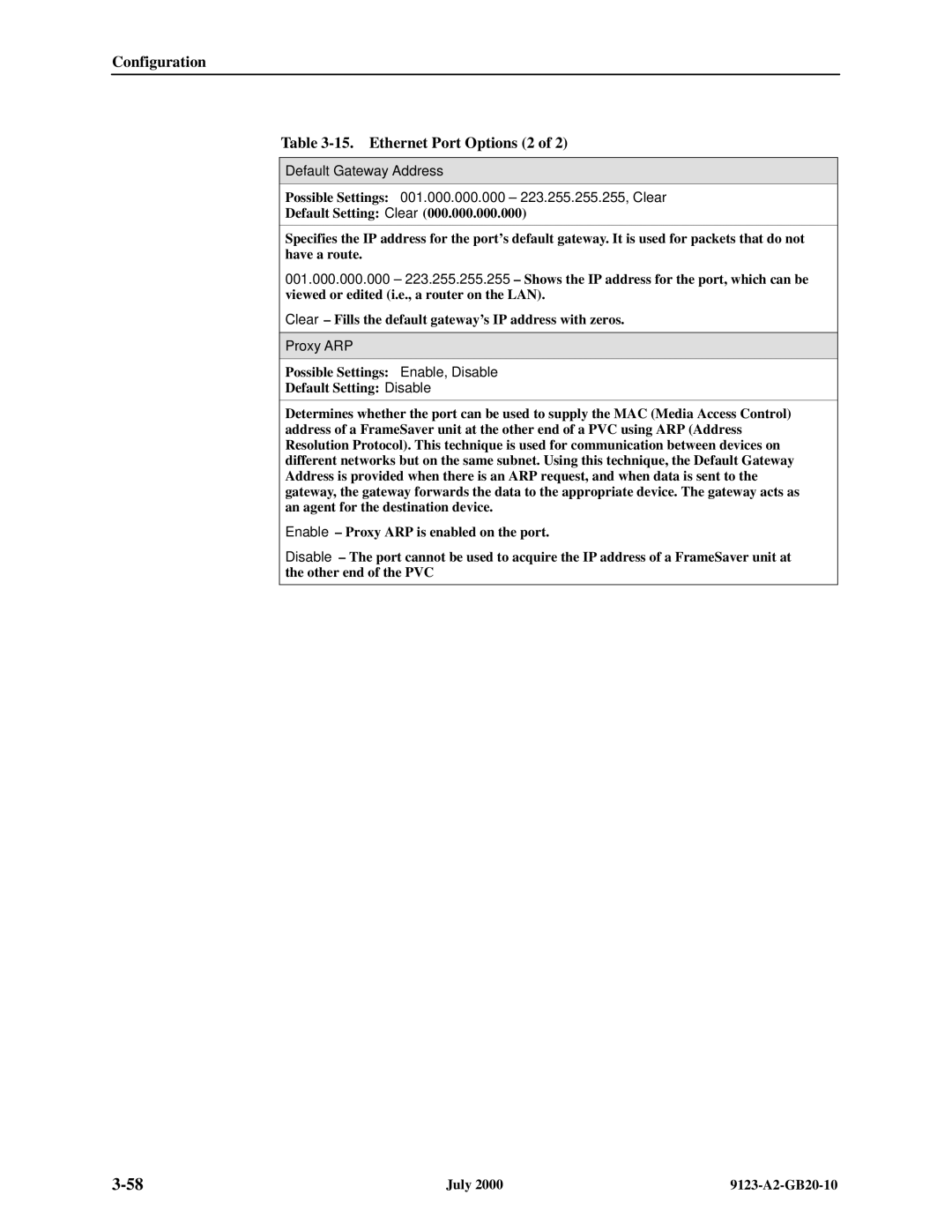 Paradyne 9123 manual Ethernet Port Options 2, Proxy ARP 