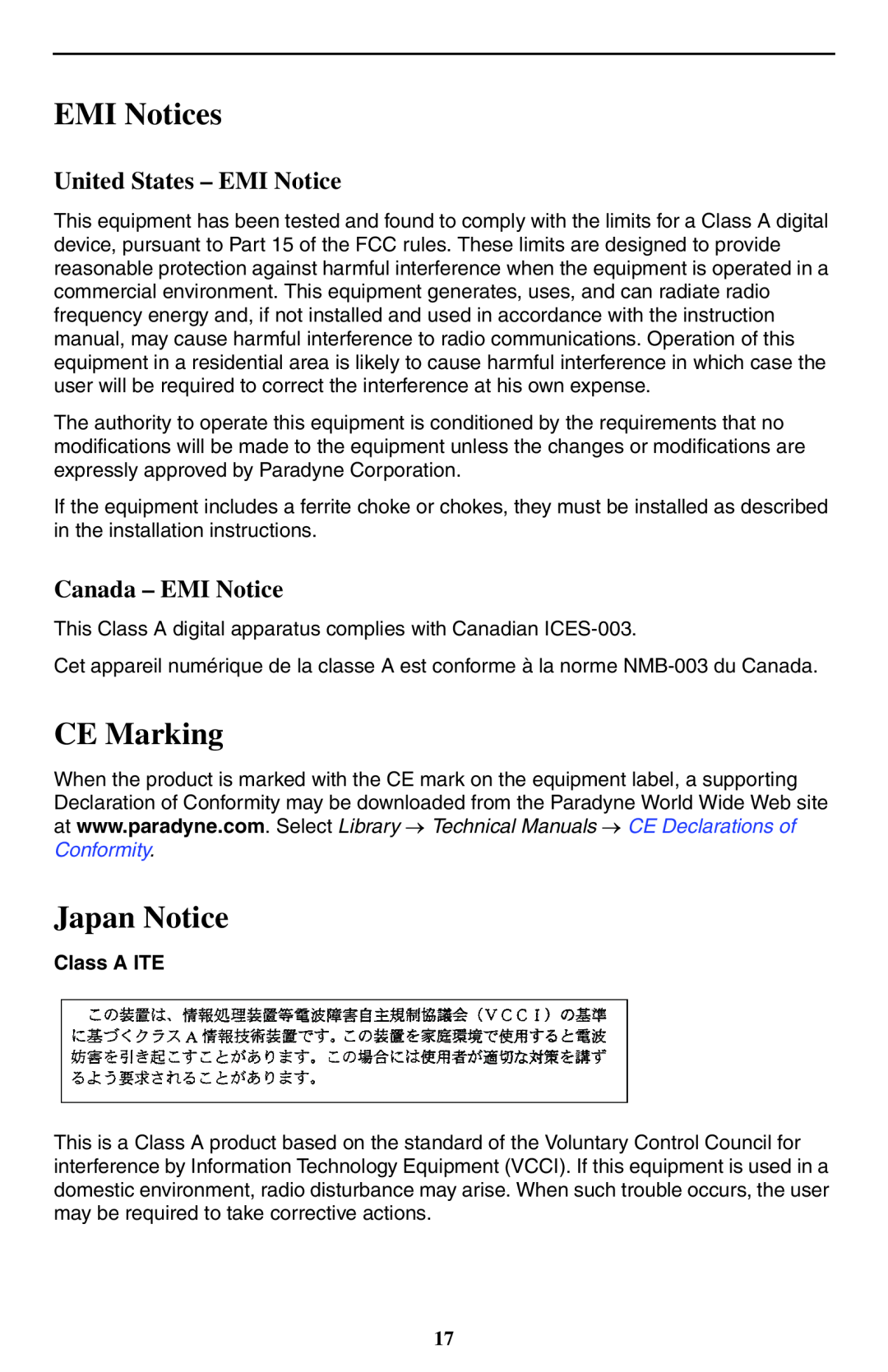Paradyne 9550 DS3 EMI Notices, CE Marking, Japan Notice, United States - EMI Notice, Canada - EMI Notice 